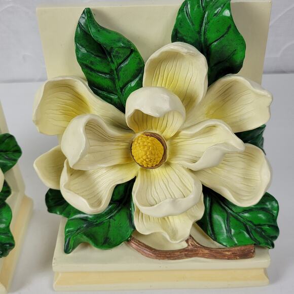 Vintage 1995 CBK Magnolia Flower Blossom Bookends Heavy Resin Cast Hand Painted - Picture 14 of 14